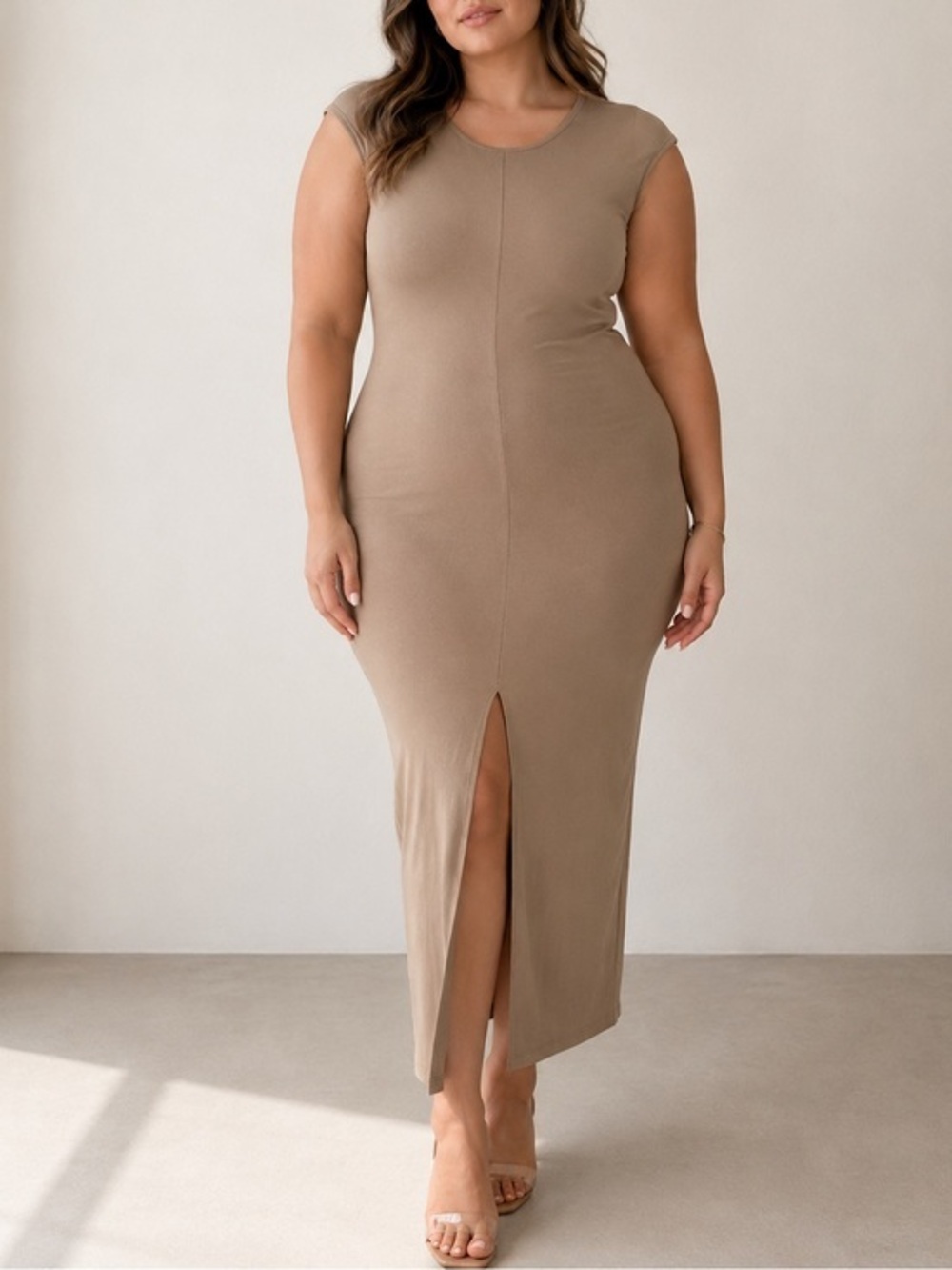 Modern Citizen Knit Tan V-Back Cutout Bodycon Minimalist Chic Midi Dress